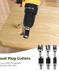 Premium Eight Piece Wood Plug Cutter Set Featuring Four Straight And Tapered Cork Drill Bits Heavy Duty Carbon Steel Gear For No Sweat DIY Woodworking and Reliable Furniture Repair in use.