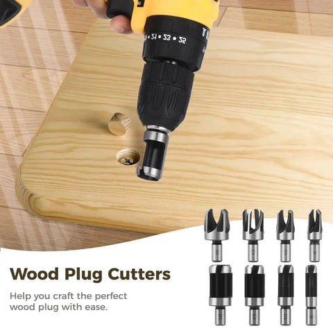 Premium Eight Piece Wood Plug Cutter Set Featuring Four Straight And Tapered Cork Drill Bits Heavy Duty Carbon Steel Gear For No Sweat DIY Woodworking and Reliable Furniture Repair in use.