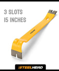 Beefy 15 Inch Flat Pry Bar With Integrated Nail Puller For Demolition, Rust Resistant Enamel Finish with three slots visible