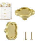 Two Pack Clover Shaped Brass Knob Set For Dresser Wardrobe Cabinets And Doors With Dope Gold Finish, single hole mount, screws