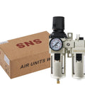Half Inch NPT Compressed Air Filter Regulator Lubricator Two Units FRL Combo with Water and Oil Trap Separator packaging and product