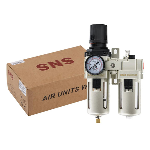 Half Inch NPT Compressed Air Filter Regulator Lubricator Two Units FRL Combo with Water and Oil Trap Separator packaging and product