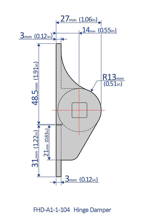 Diagram of Easylift FHD A1 Rotary Damper Hinge Type for Cabinets and Lids Built Tough with 10 Nm Max Torque and 120 Degree Opening