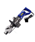 Heavy Duty Hydraulic Electric Rebar Cutter And Bender handheld steel bar processor with blue handle and metallic cutting head.