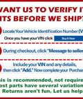 Instructions for verifying part fit using VIN before shipping, including steps for including VIN at checkout