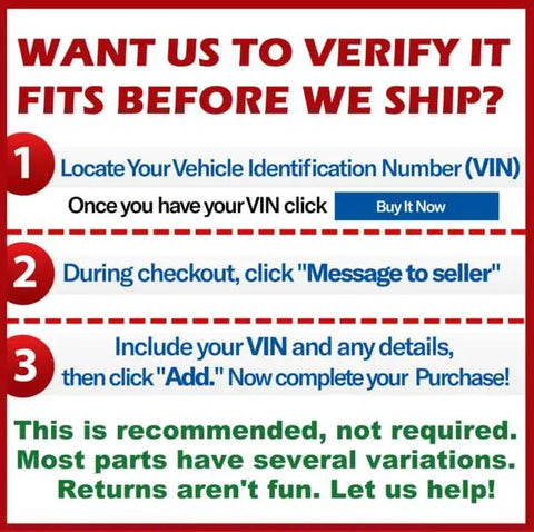Instructions for verifying part fit using VIN before shipping, including steps for including VIN at checkout