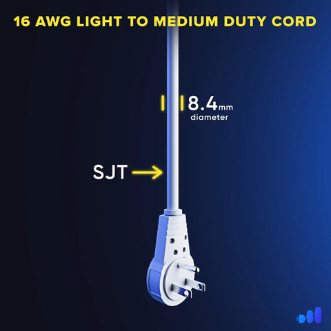 4 Foot White Rotating Flat Plug Extension Cord With 360 Degree Swivel For Indoor Use, 16 Gauge 3 Prong Grounded Power Cable, Space Saver Slim Design, Single Outlet, UL Certified. 16 AWG SJT cord with 8.4 mm diameter and rotating flat plug