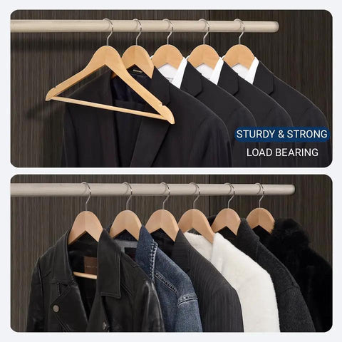 Straight Up Premium Quality Natural Wooden Coat Hangers Thirty Pack Flat Profile Wood Suit Hangers with jackets hanging in closet.
