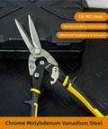 12 Inch Aviation Tin Snips Heavy Duty Metal Shears with Chromoly Steel Blades shown on black metal surface