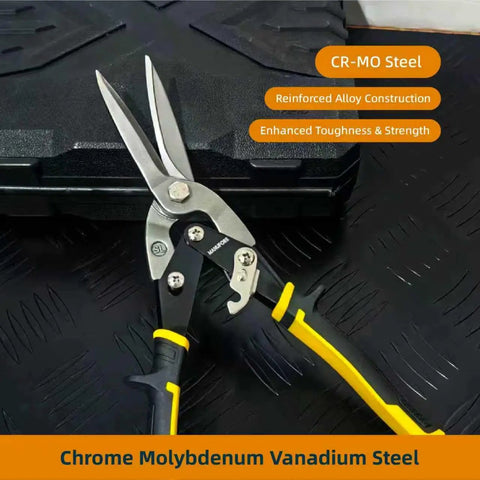12 Inch Aviation Tin Snips Heavy Duty Metal Shears with Chromoly Steel Blades shown on black metal surface