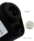Handheld fiber optic microscope, black plastic body, with 2.5mm adapter installed and battery compartment visible.