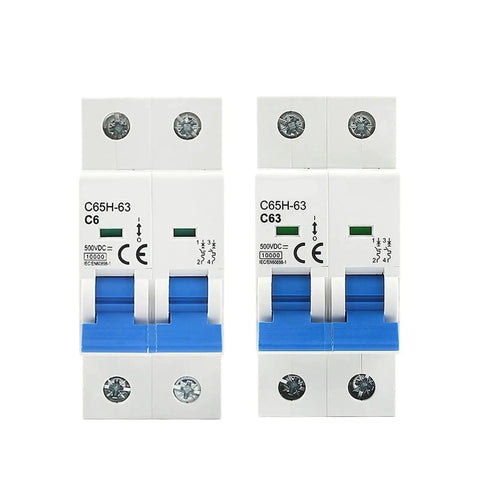 Heavy Duty 2P DC MCB Circuit Breaker 6KA 500V Battery Main Switch Featuring Premium Flame Resistant Housing viewed from the front.