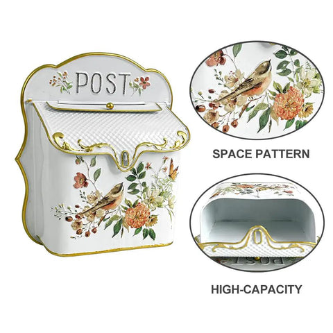 Vintage Style Wall Mount Mailbox For House Exterior Lockable Metal Mail Slot With Top Flap And Padlock Hasp Nostalgic English Cottage Garden Decor For Home And Yard With Cottage Chic Vibe, floral design