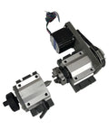 Built Tough Nema23 Stepper Motor With Fourth Axis Rotary Setup For CNC Wood Routers featuring 3 jaw chuck and tailstock.