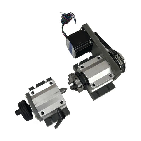 Built Tough Nema23 Stepper Motor With Fourth Axis Rotary Setup For CNC Wood Routers featuring 3 jaw chuck and tailstock.