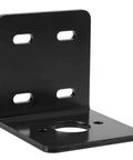 Black L-shaped DC motor mounting bracket with vertical slotted plate and base flange with central shaft hole and mounting holes.