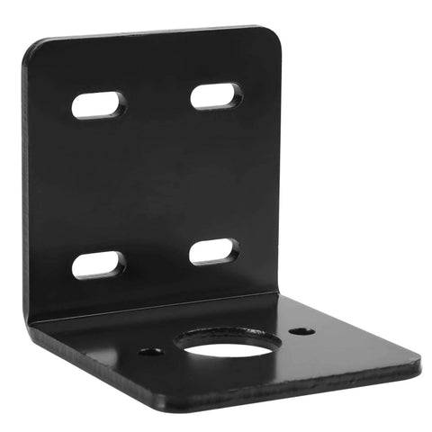 Black L-shaped DC motor mounting bracket with vertical slotted plate and base flange with central shaft hole and mounting holes.