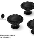 Matte Black Cabinet Knobs 20 Pack Dope Zinc Alloy Hardware with Sleek Lace Design, Modern Rustic Style, shown in detail.