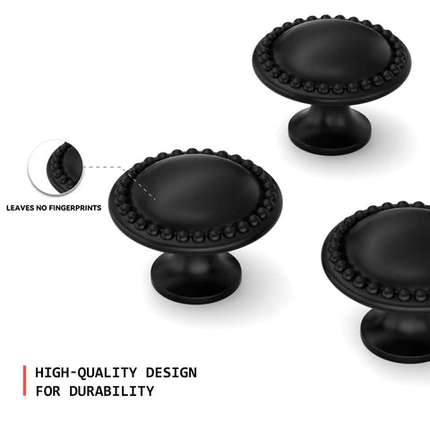 Matte Black Cabinet Knobs 20 Pack Dope Zinc Alloy Hardware with Sleek Lace Design, Modern Rustic Style, shown in detail.