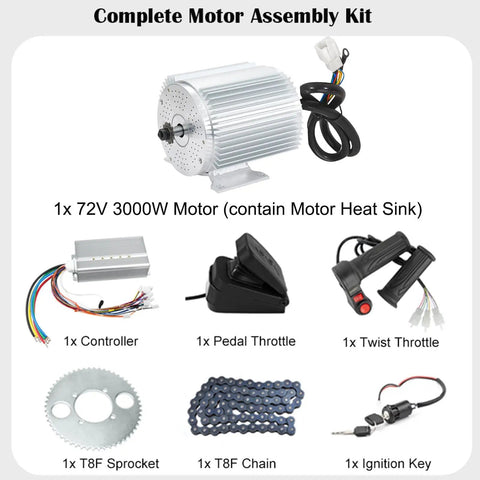 Complete motor assembly kit with 72V 3000W motor, 24 MOSFET 50A controller, throttle pedal, T8F sprocket and chain, ignition key.