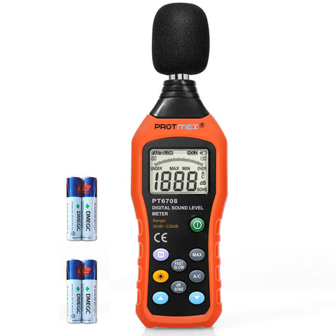 PT6708 Sound Level Meter Digital Decibel Reader 30 To 130 dB Range With Large LCD Screen, batteries included