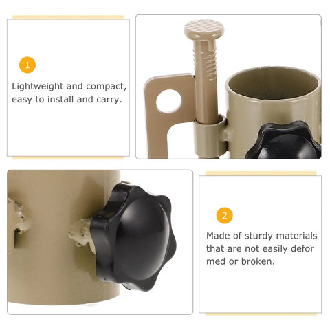 Close-up of Heavy Duty Adjustable Tent Pole Stakes Kit with metal U-shaped anchors and knob details.