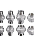 304 Stainless Steel Pipe Union Fittings BSPT One And One Quarter Inch One And One Half Inch Two Inch Three Inch Female To Male Thread Joint Connector DN50 Beefy Tube Adapter set of fittings on white background