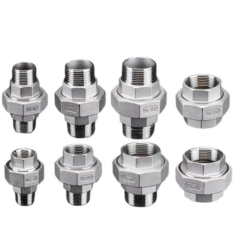 304 Stainless Steel Pipe Union Fittings BSPT One And One Quarter Inch One And One Half Inch Two Inch Three Inch Female To Male Thread Joint Connector DN50 Beefy Tube Adapter set of fittings on white background