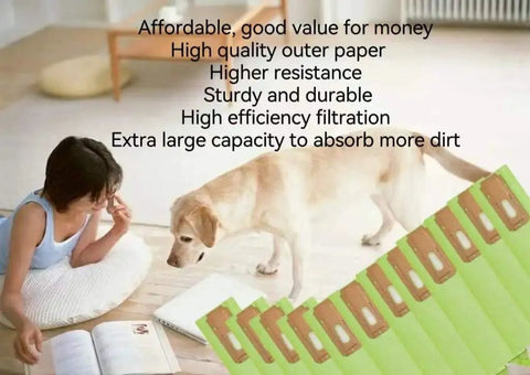 12 Pack Green Beefed Up Replacement Vacuum Bags For XL Upright Vacuums displayed with dog and child in living room setting