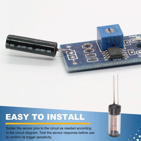 10 Pack SW-18030 Vibration Sensor Modules High Sensitivity Motion Switch 12V 5mA For Electronic Projects And Security Gadgets Detects Movement Tilt Or Shock Easy Hookup Clear Case, close-up board and sensor