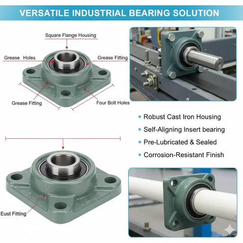 Heavy Duty Self Aligning Four Bolt Flange Bearing Two Three Sixteen Inch Bore Cast Iron Housing Precision Ball Races Goes Hard On Daily Grind Built Like A Tank For Shops And Trucks