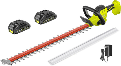 22 Inch Cordless Hedge Trimmer With Two Batteries And Charger 20V Lightweight Handheld Electric Hedge Cutter laid out