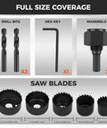 HORUSDY hole saw kit with 2 drill bits, 1 hex key, 1 mandrel and 5 blades (25–54 mm)