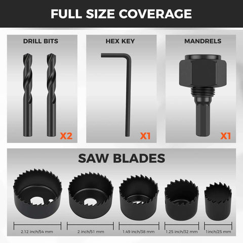 HORUSDY hole saw kit with 2 drill bits, 1 hex key, 1 mandrel and 5 blades (25–54 mm)