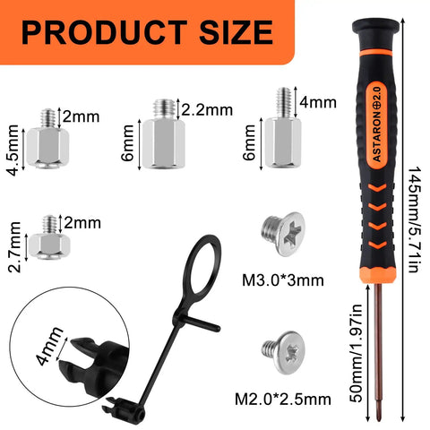M.2 NVMe SSD Mounting Screws Kit For PC, Eight Different-Height Studs And Eight Screws In Black, screwdriver and stud sizes