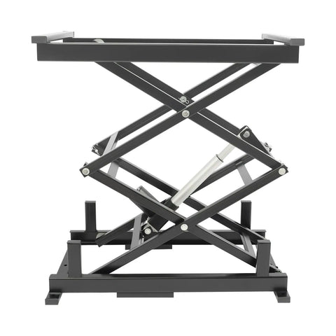 Heavy Duty Electric Scissor Lift Table With Remote Control For Raising Heavy Loads Up To 180 Lbs In Your Garage Or Shop Without Breaking A Sweat side view of sturdy iron construction with smooth hydraulic pump