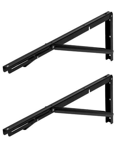 Heavy Duty 24 Inch Folding Shelf Brackets Two Pack Wall Mounted Table Lifts With Slick Swing Action Hella Tough rated for 330 lb loads black iron hardware.