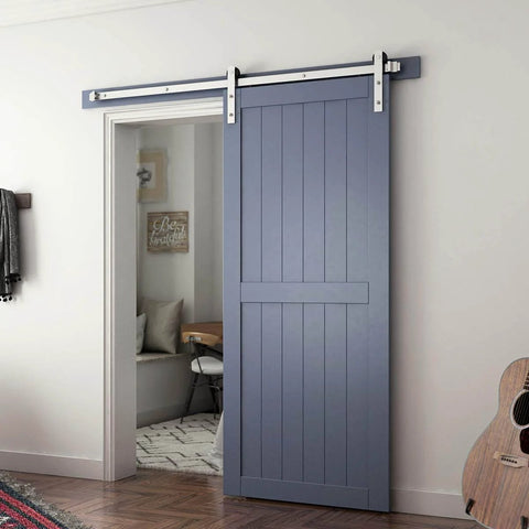 Installed Six Feet Brushed Nickel Sliding Barn Door Hardware Kit For 36 Inch Door with Smooth Quiet Track System