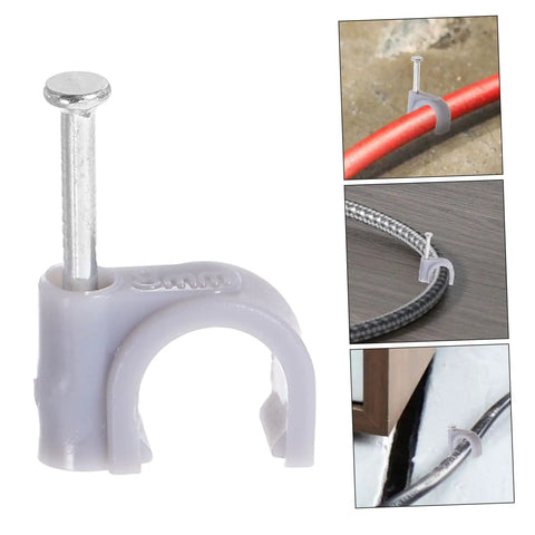 100 Pcs Wire Staples And Cable Clips With Steel Nails PE Material for Ethernet and Coaxial Cables, gray clamp close-ups