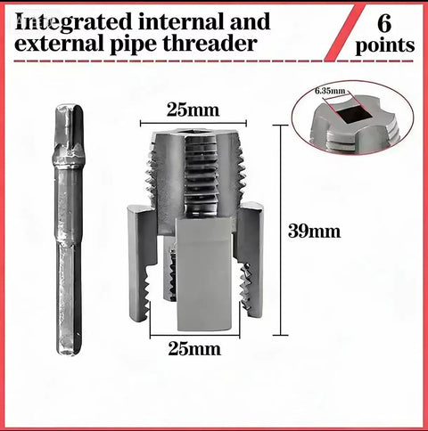 Qinalo Dual Function Pipe Threading Tool For 1/2 And 3/4 Inch PVC Plastic Pipes featuring integrated internal and external threader.