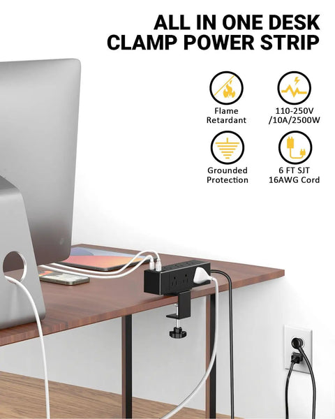 Desk Clamp Power Strip With USB C And USB Ports, 9 AC Outlets Plus Surge Protector, shown mounted on desk edge