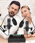 Two Mic Podcast Studio Bundle with All-In-One Sound Card Dual Condenser Mics Boom Arm Clips and a Voice Changer for Podcasting