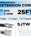 Infographic of 25 Foot Lighted Outdoor Extension Cord with 3 Prong Grounded Plug, 10 AWG 3 Wire, 15A 125V 1875W, UL Listed, SJTW.