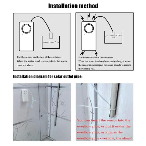 Water Leak Alarm Two Pack With 120 dB Loud Alarm For Home Kitchen Bathroom Overflow And Flood Detector Sensor Easy Peel And Stick Mount For Sink Tub Basement Or Garage High Sensitivity 24K Plating Detect Board, installation diagram