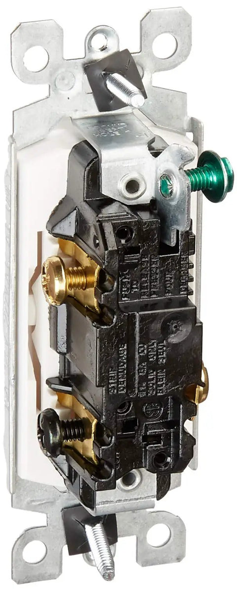 Decora 3 Way AC Quiet Rocker Switch 15 Amp 120/277V Residential Grade Pro Quality Grounding White 10 Pack back view