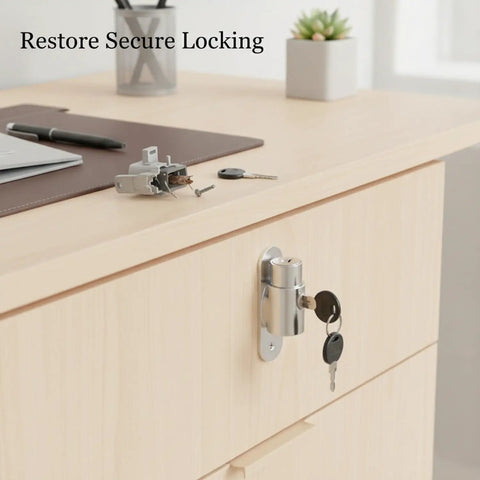 Sleek Silver Zinc Alloy Cam Lock for cabinets with keys in a modern office setting