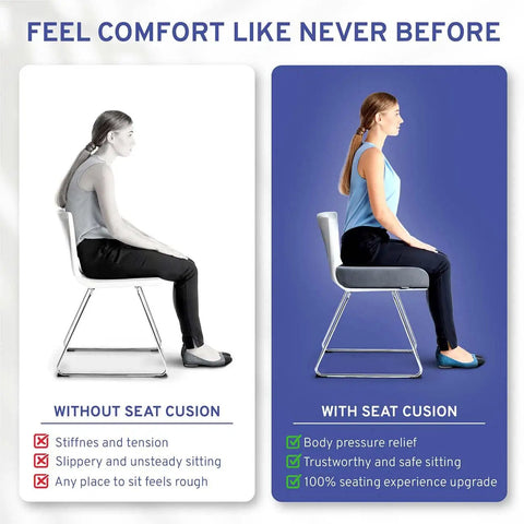 Comparison image showing posture with and without Extra Large Memory Foam Seat Cushion for Recliner, Wheelchair, Office Chair.