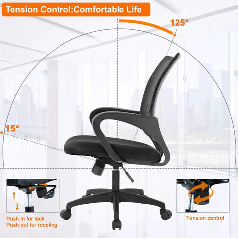 Top Shelf Ergonomic Mid Back Office Chair Featuring A Stay Cool Mesh Design Rock Solid Lumbar Support Fully Adjustable Height And Smooth Glide Casters For Serious All Day Comfort And Built Different Desk Vibes In Black showing tension control features.