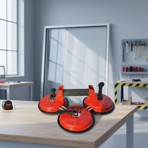 Heavy Duty Suction Glass Lifter For Big Panels With Reinforced Support on wooden surface in workshop, showcasing three-suction design.