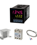 High Voltage PID Temperature Controller Kit For 100 To 240 VAC Input With SSR 40DA Solid State Relay K Type Thermocouple White Heat Sink Alarm Output And 3 Wire Sensor Support Plug And Play For DIY Heating Cooling Projects features temperature controller, solid state relay, heat sink, and thermocouple sensor.